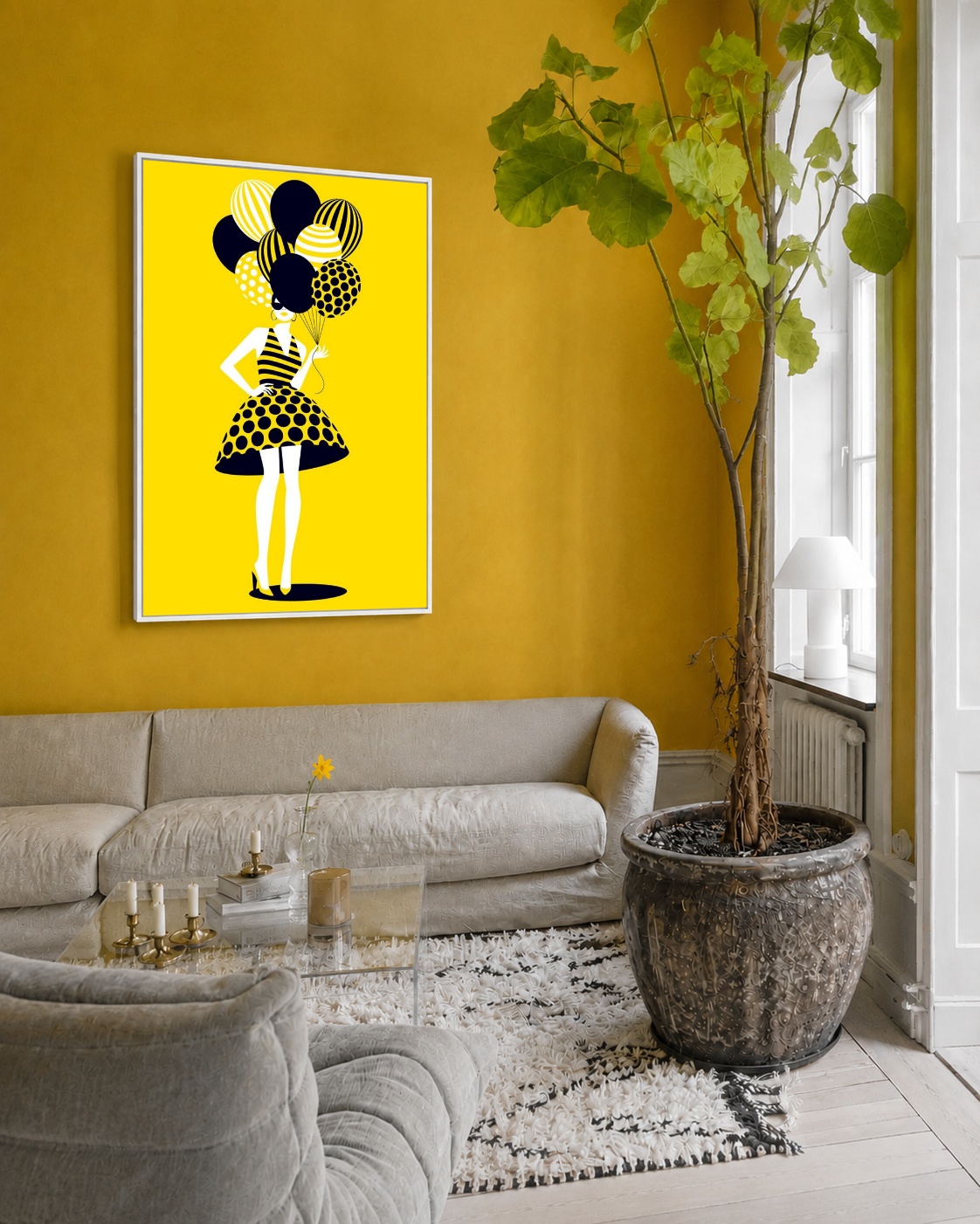 Quadro Canvas Mulher Amarelo Desenho Balões
