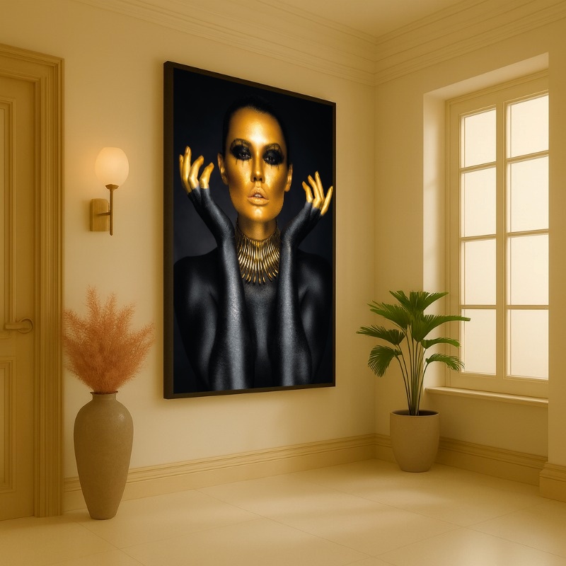 Quadro Canvas Mulher Glamour Ouro e Preto