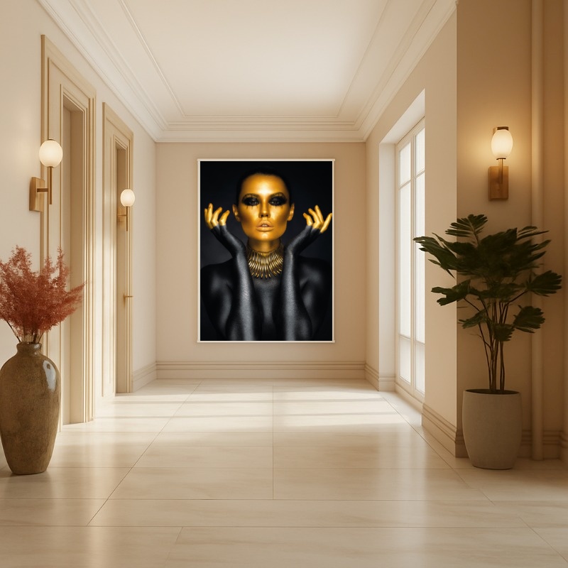 Quadro Canvas Mulher Glamour Ouro e Preto