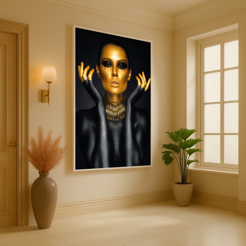 Quadro Canvas Mulher Glamour Ouro e Preto