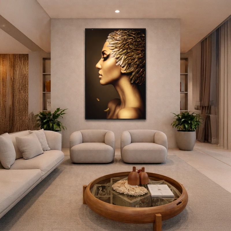 Quadro Canvas Mulher Penas Dourado