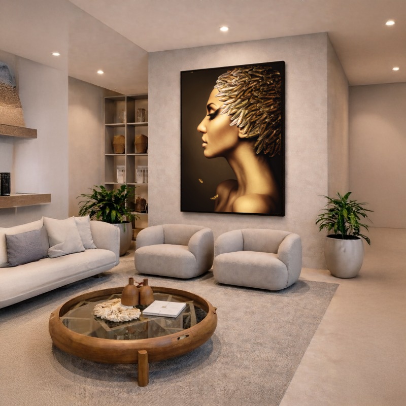 Quadro Canvas Mulher Penas Dourado