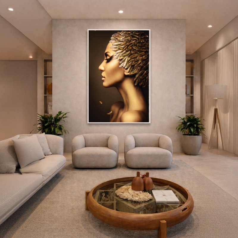 Quadro Canvas Mulher Penas Dourado
