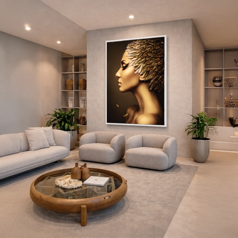 Quadro Canvas Mulher Penas Dourado