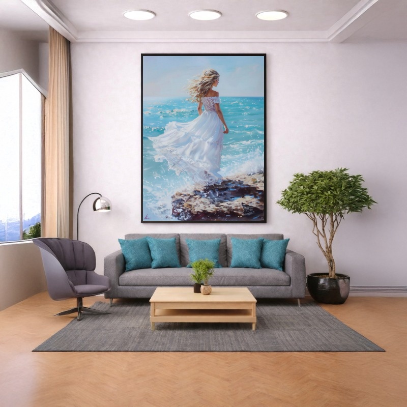 Quadro Canvas Mulher Praia Azul Mar