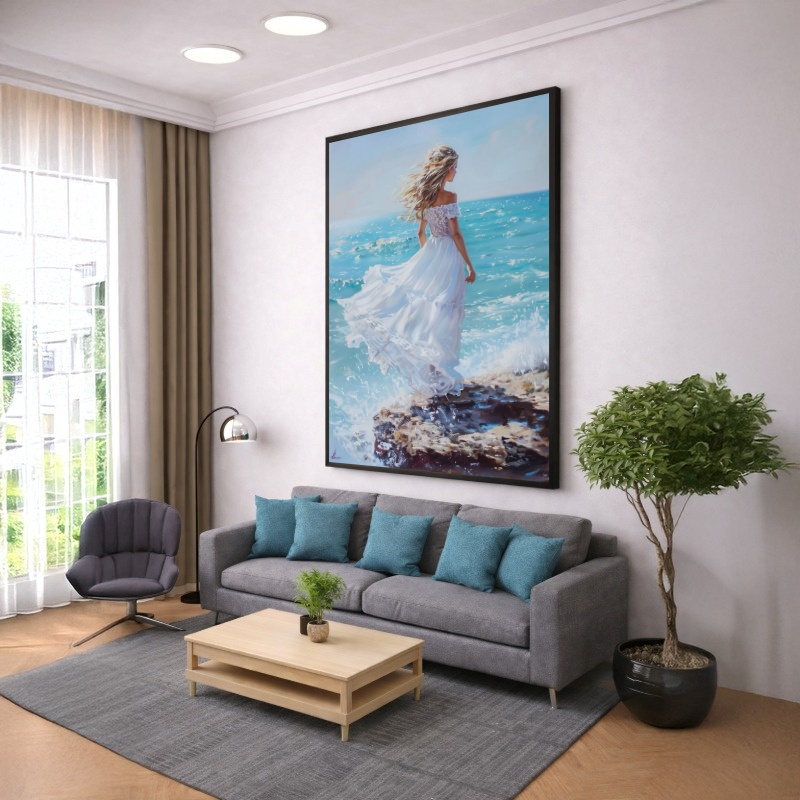 Quadro Canvas Mulher Praia Azul Mar