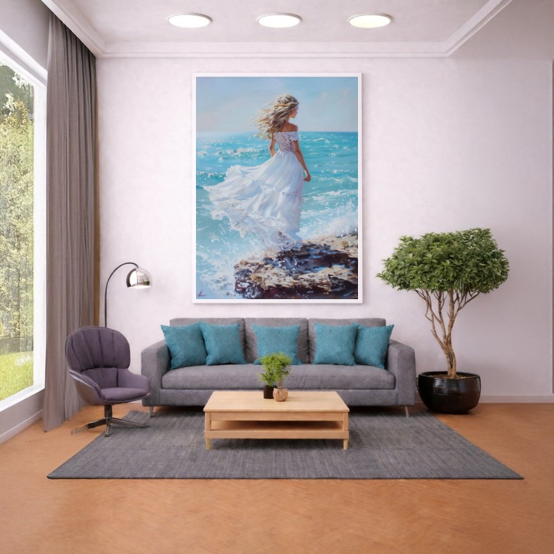 Quadro Canvas Mulher Praia Azul Mar