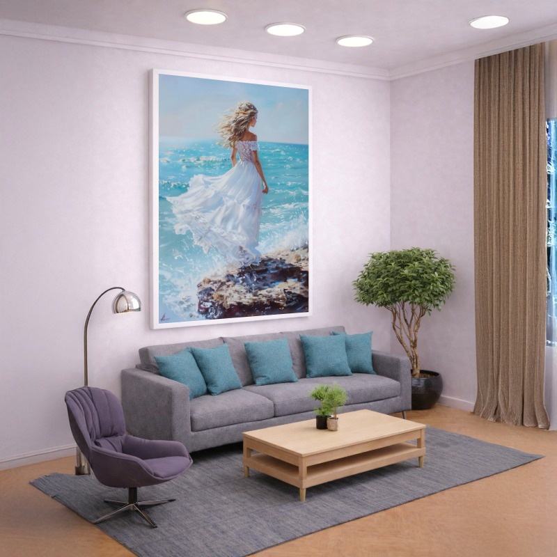 Quadro Canvas Mulher Praia Azul Mar