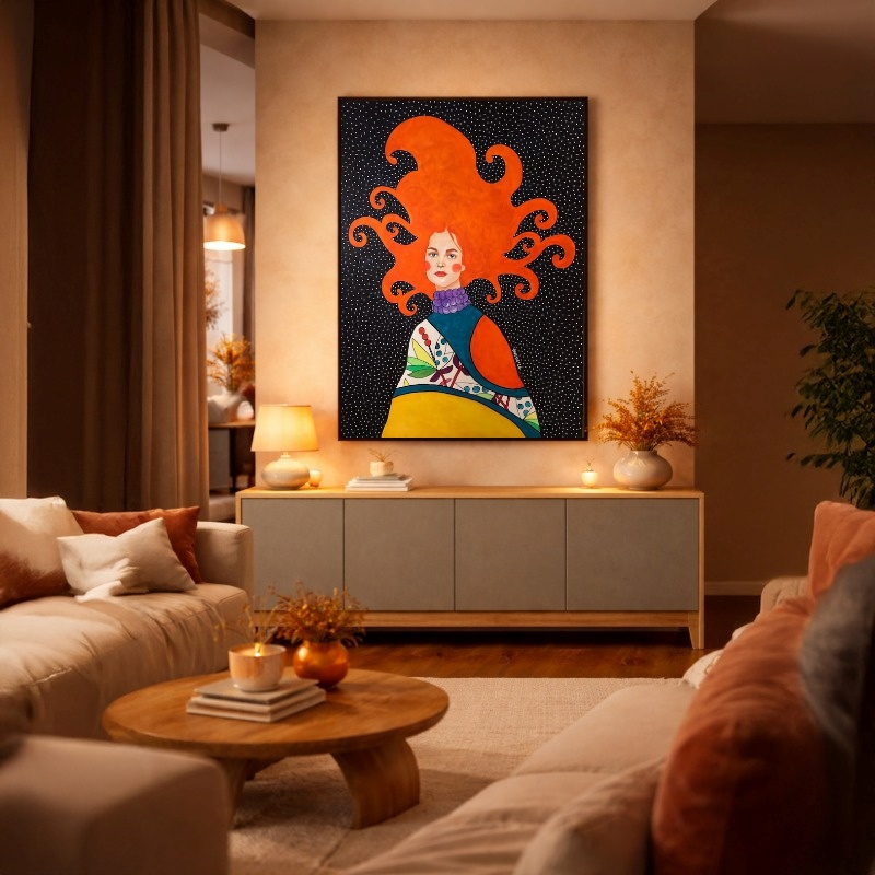Quadro Canvas Mulher Ruiva Colorido