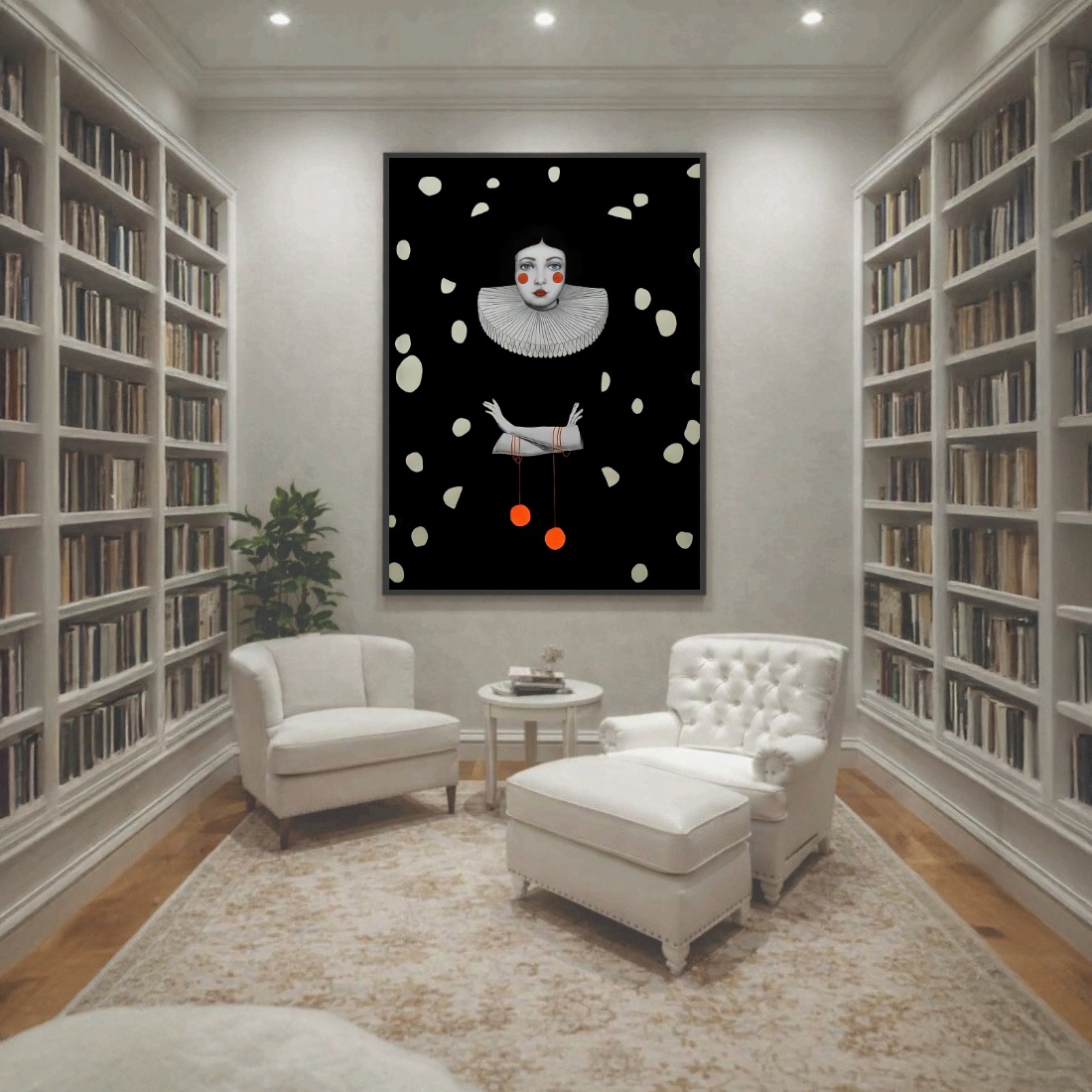 Quadro Canvas Preto Menina Palhaço Poá