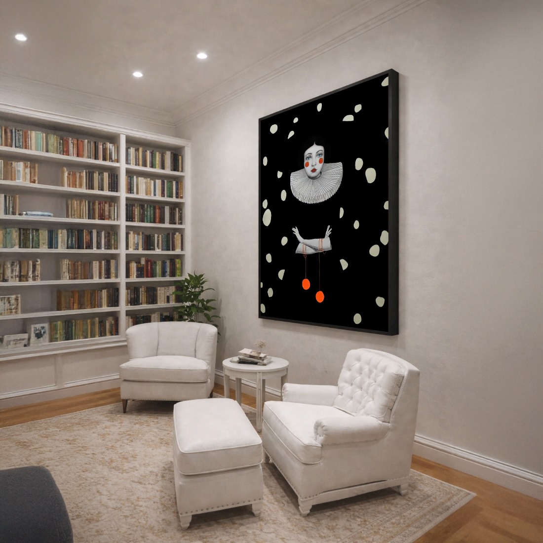 Quadro Canvas Preto Menina Palhaço Poá