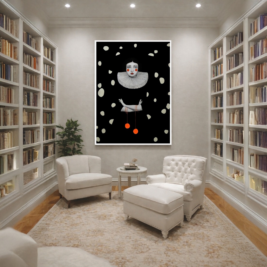 Quadro Canvas Preto Menina Palhaço Poá