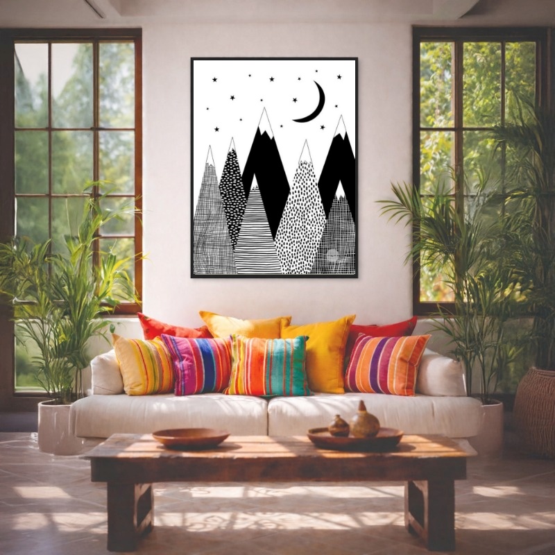 Quadro Canvas Preto e Branco Lua Geométrico