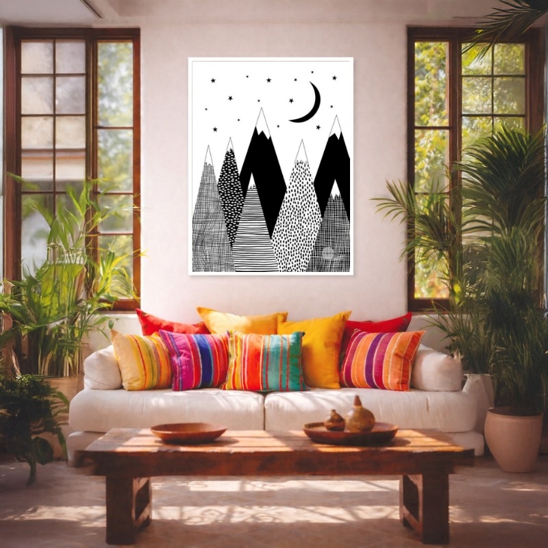 Quadro Canvas Preto e Branco Lua Geométrico