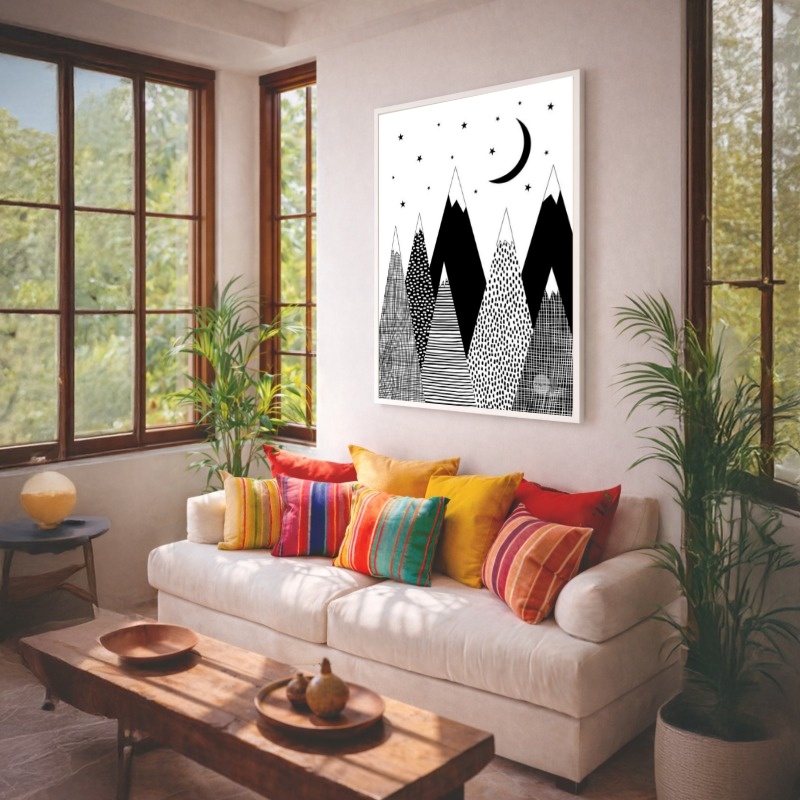 Quadro Canvas Preto e Branco Lua Geométrico