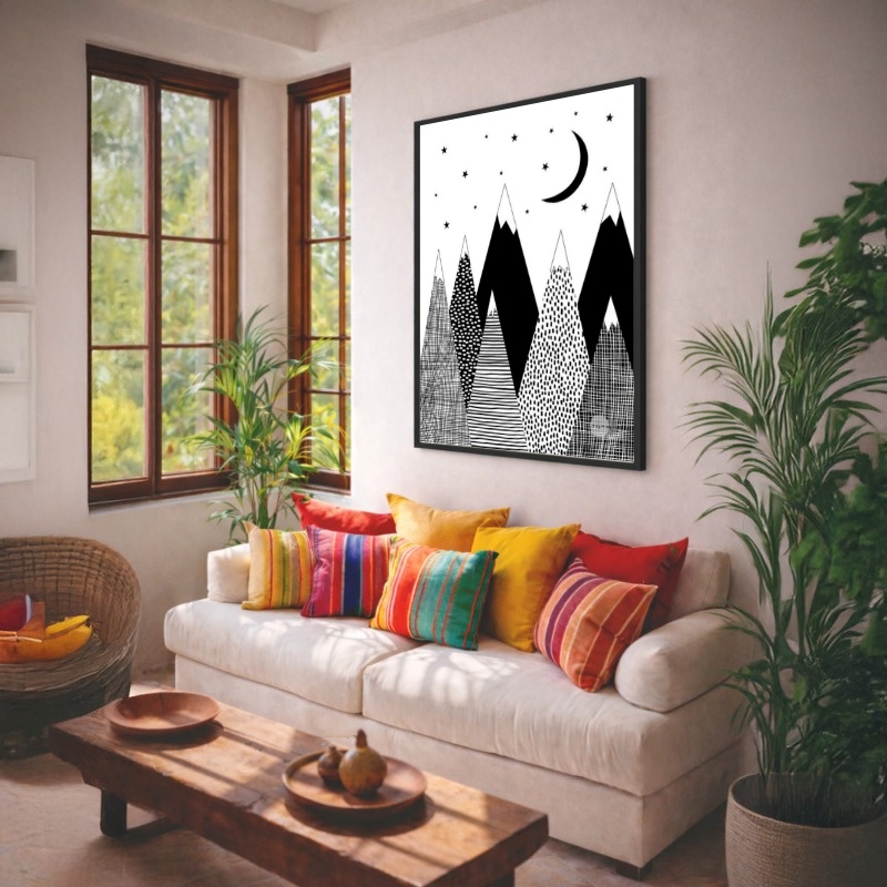 Quadro Canvas Preto e Branco Lua Geométrico