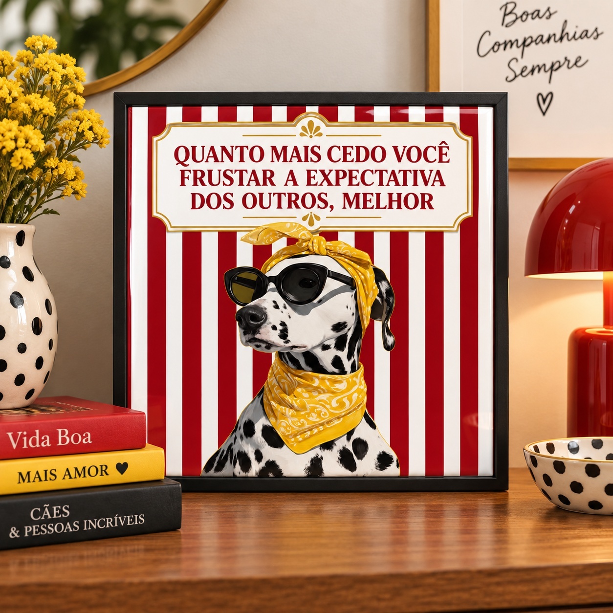 Quadro Dálmata Frase Expectativas - 33x33 Cm