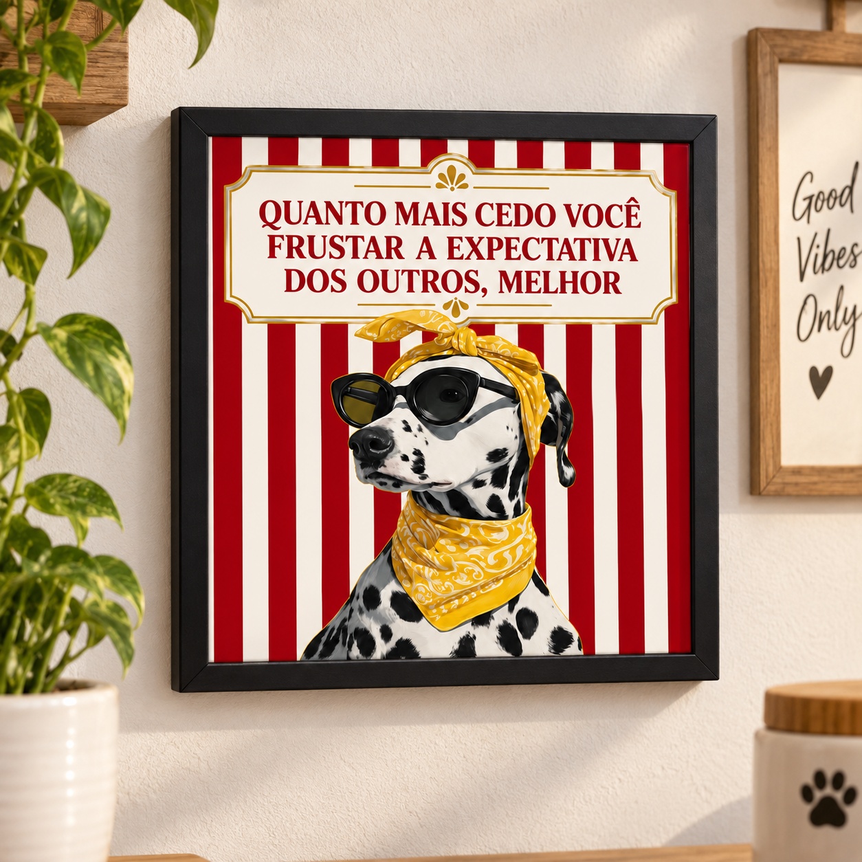 Quadro Dálmata Frase Expectativas - 33x33 Cm