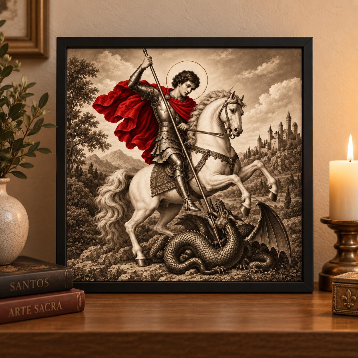 Quadro Decorativo São Jorge Capa Vermelha - 33x33 Cm