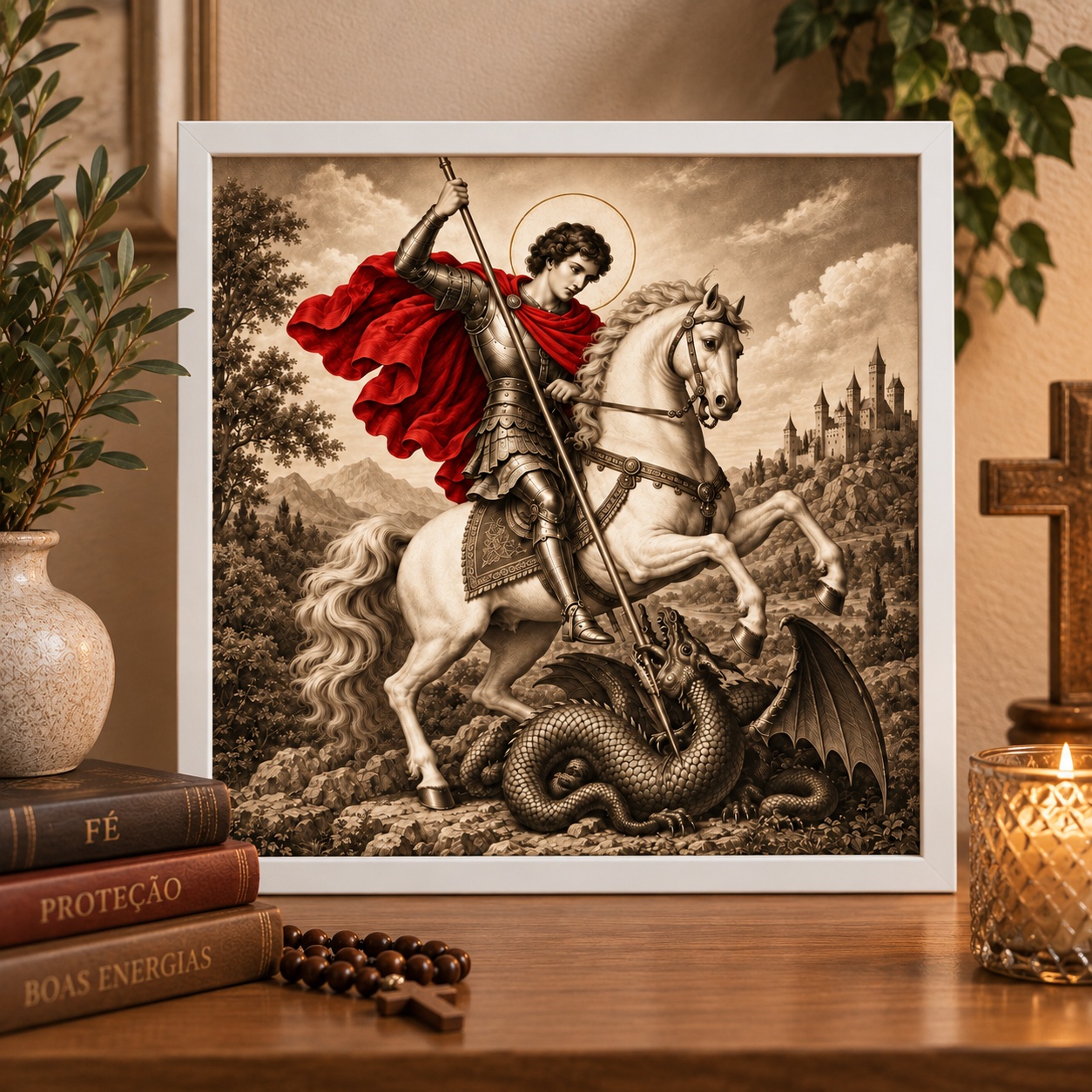 Quadro Decorativo São Jorge Capa Vermelha - 33x33 Cm