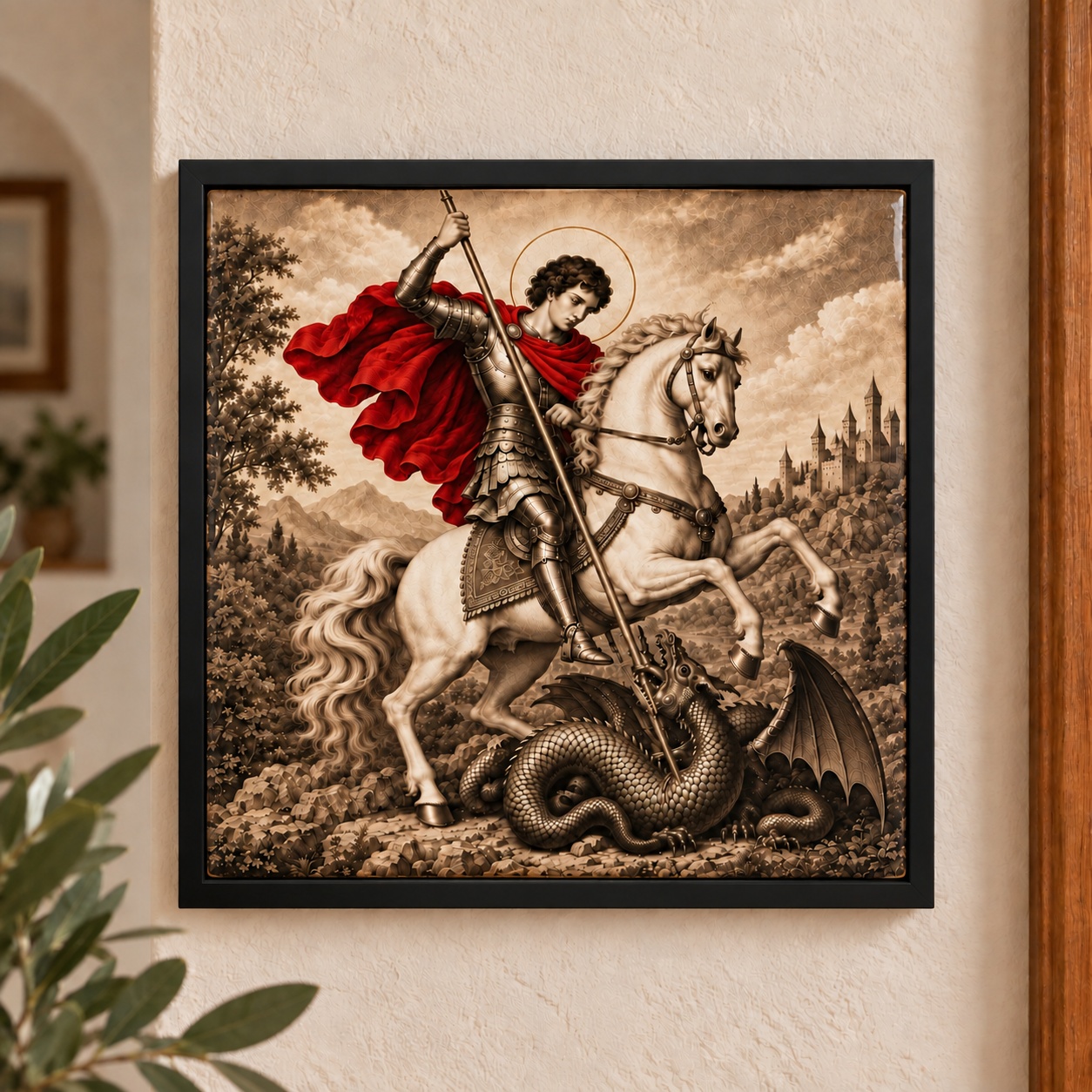 Quadro Decorativo São Jorge Capa Vermelha - 33x33 Cm
