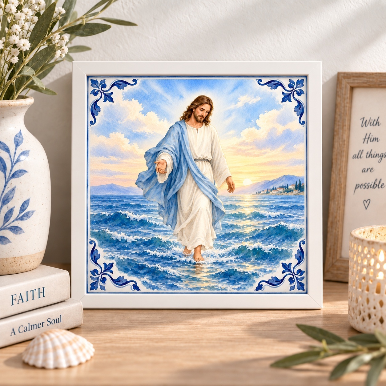 Quadro Jesus Caminhando Sobre as Águas - 33x33 Cm