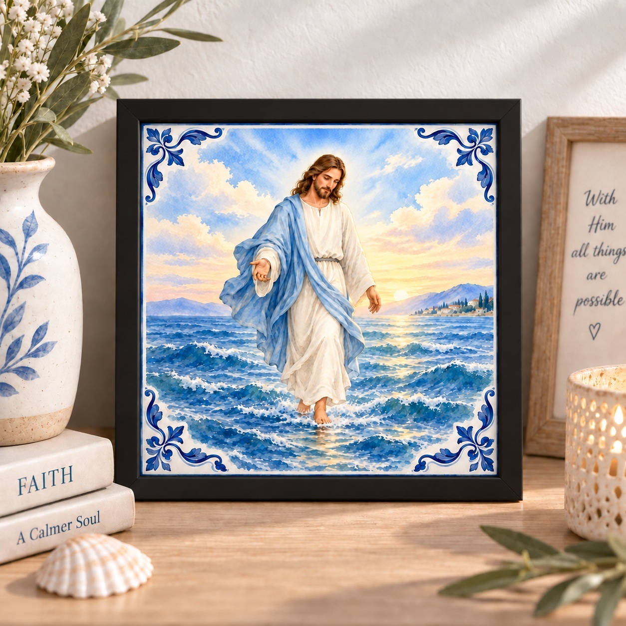 Quadro Jesus Caminhando Sobre as Águas - 33x33 Cm