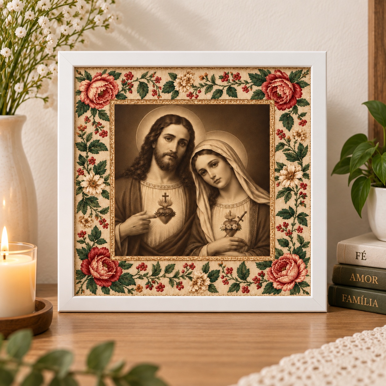 Quadro Religioso Jesus e Maria Floral - 33x33 Cm