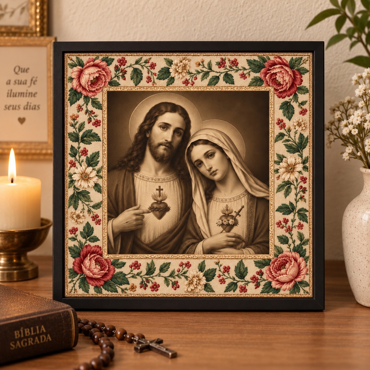 Quadro Religioso Jesus e Maria Floral - 33x33 Cm