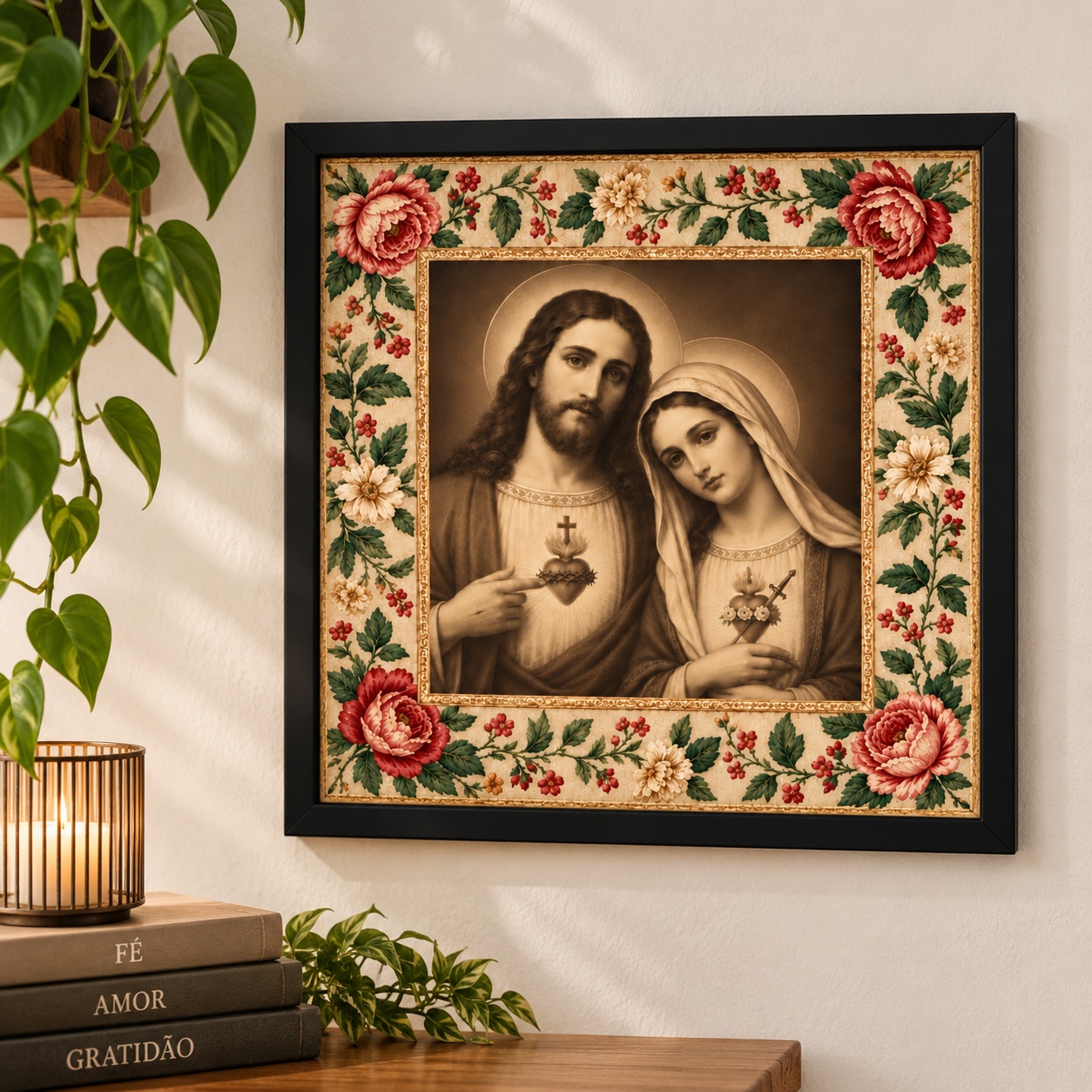 Quadro Religioso Jesus e Maria Floral - 33x33 Cm