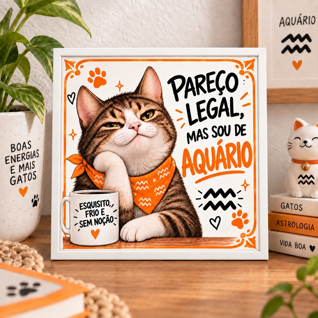 Quadro Signo De Aquário -Gatinho- 33x33 Cm