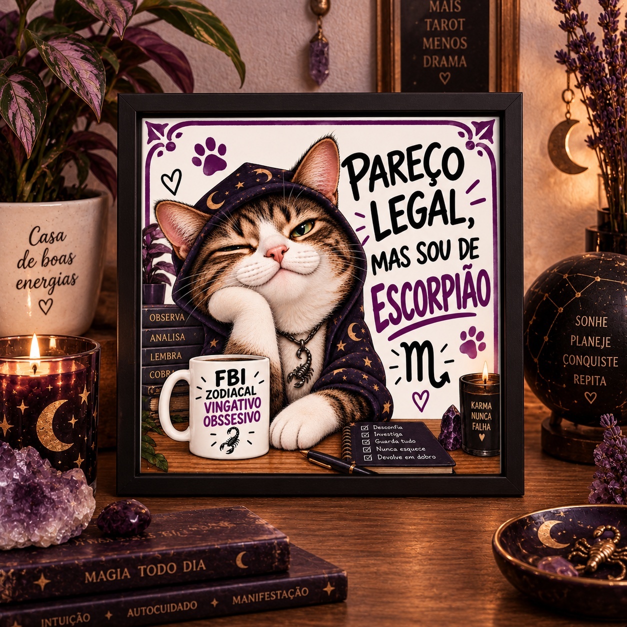 Quadro Signo Escorpião Gatinho - 33x33 Cm