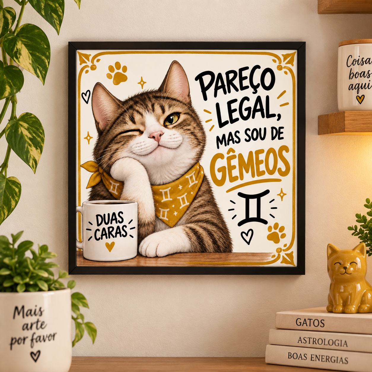 Quadro Signo Gêmeos Gatinho - 33x33 Cm