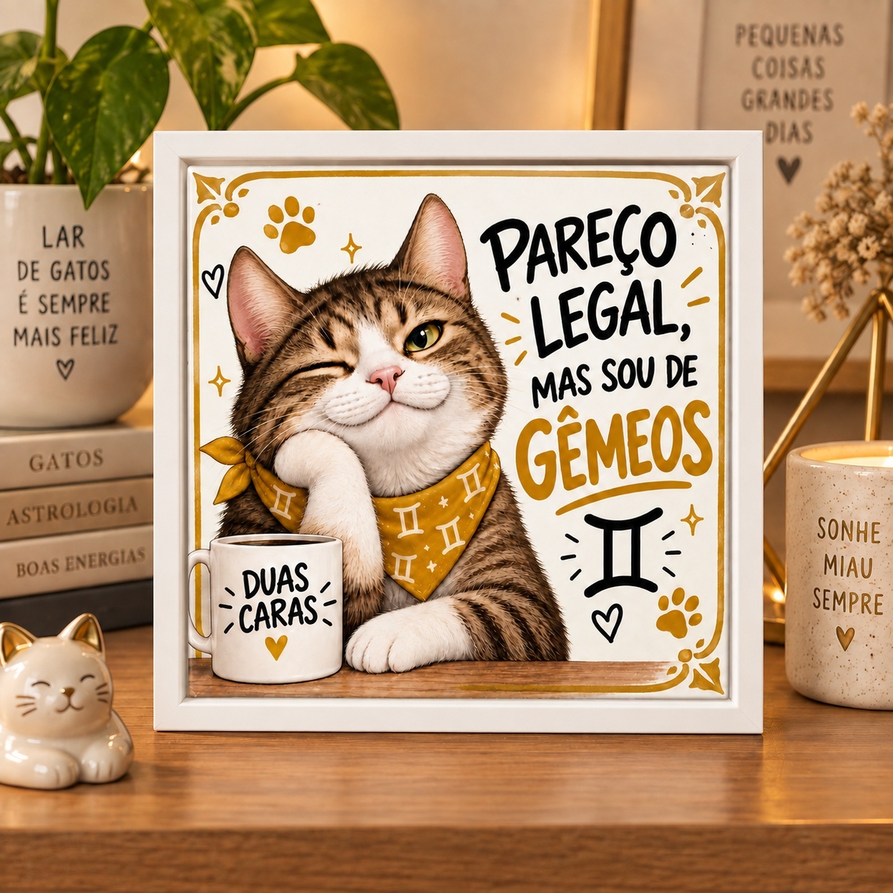 Quadro Signo Gêmeos Gatinho - 33x33 Cm