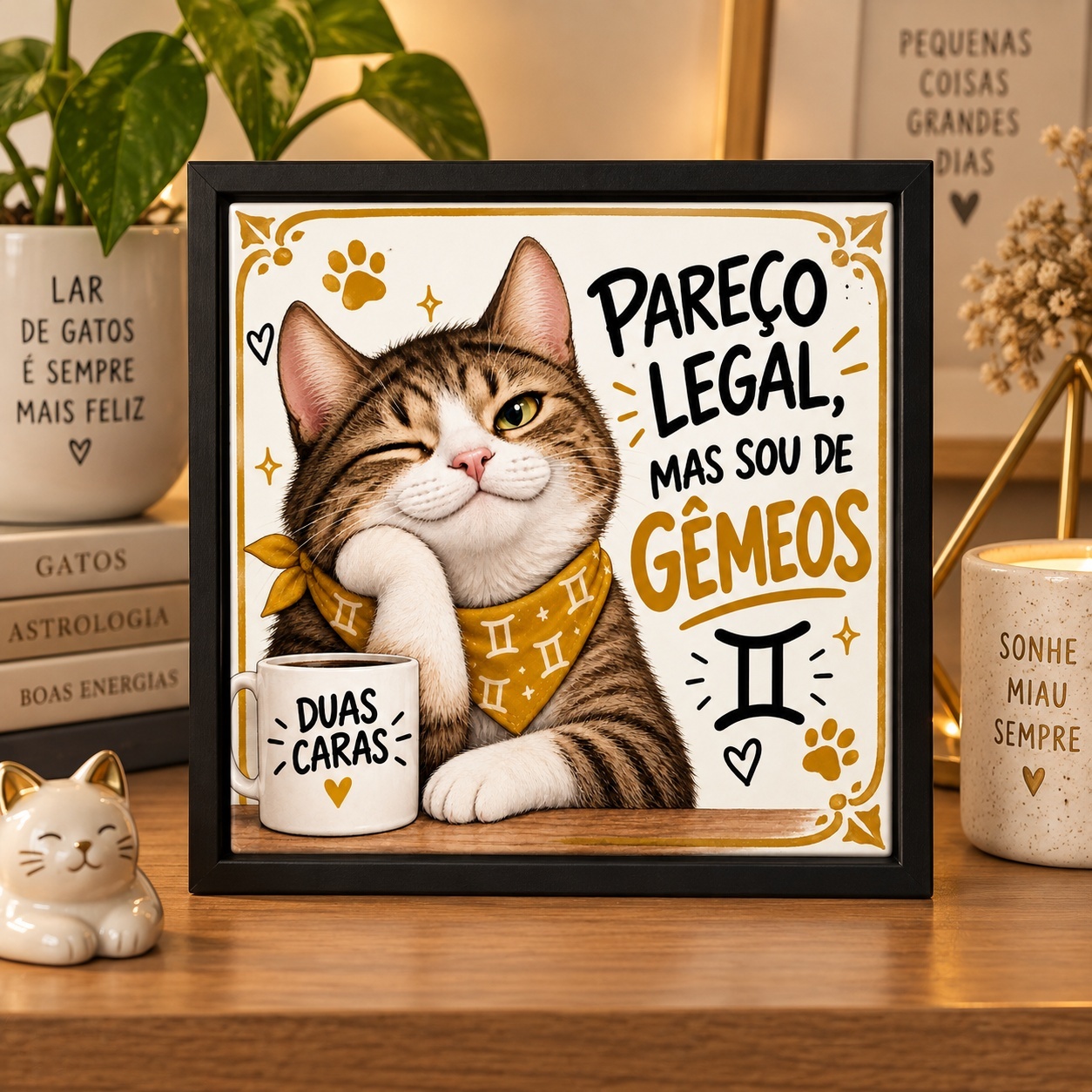 Quadro Signo Gêmeos Gatinho - 33x33 Cm