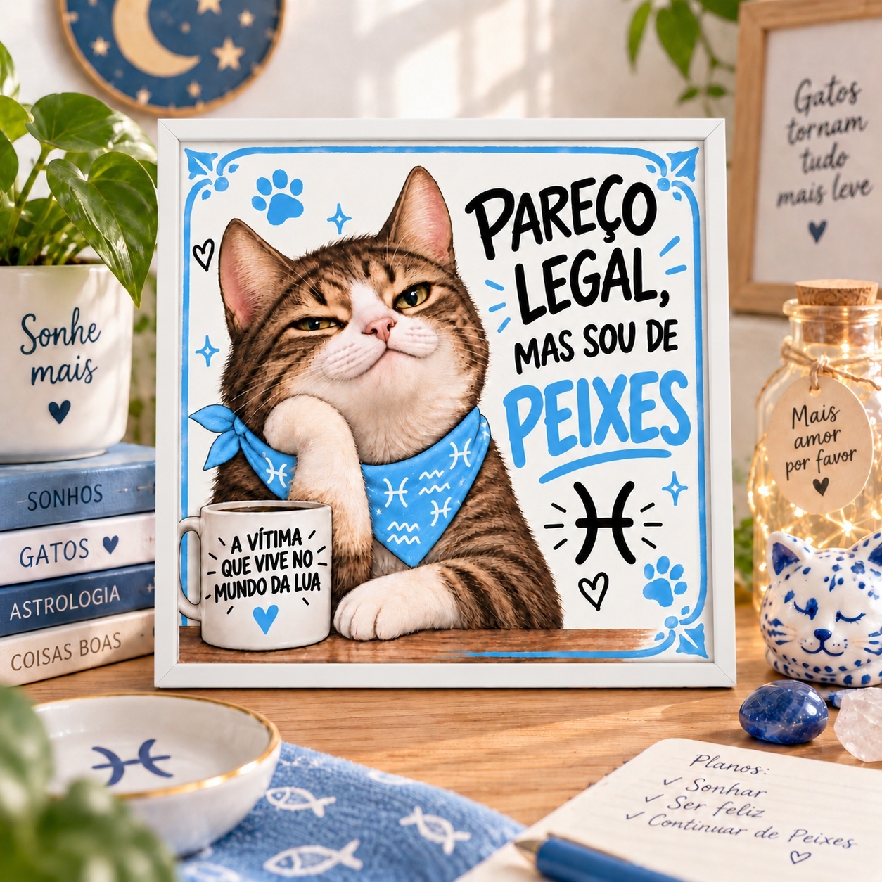 Quadro Signo Peixes Gatinho - 33x33 Cm