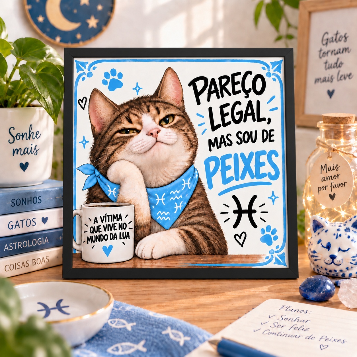 Quadro Signo Peixes Gatinho - 33x33 Cm