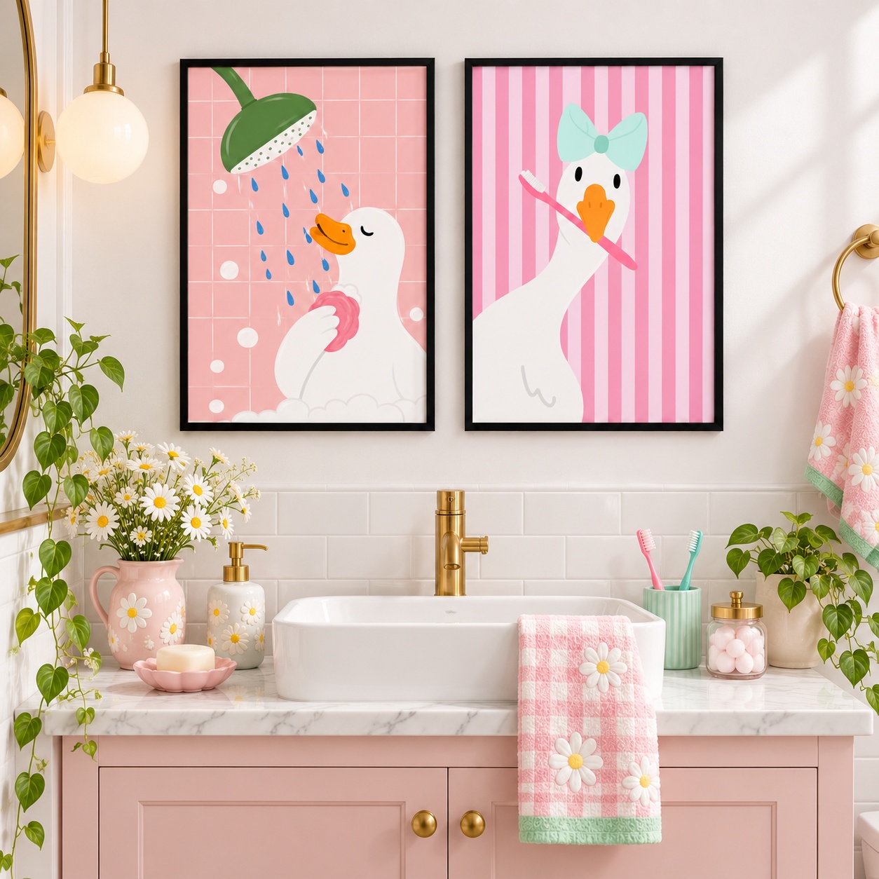 Kit 2 Quadros Decorativos Para Banheiro Pato Rosa