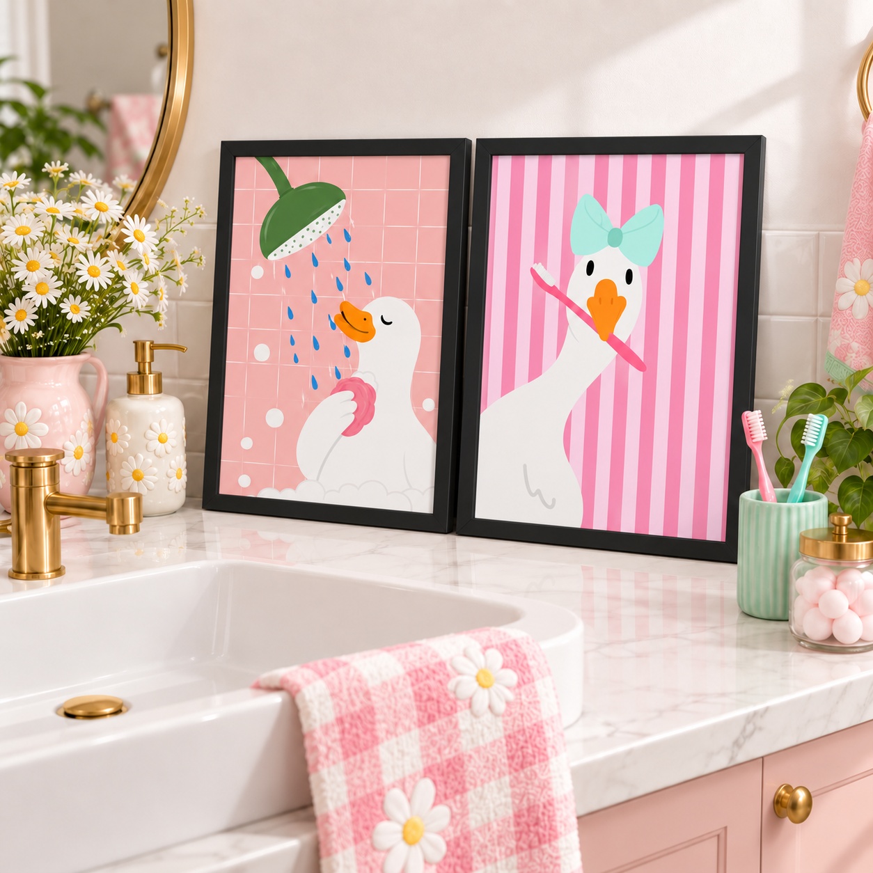 Kit 2 Quadros Decorativos Para Banheiro Pato Rosa