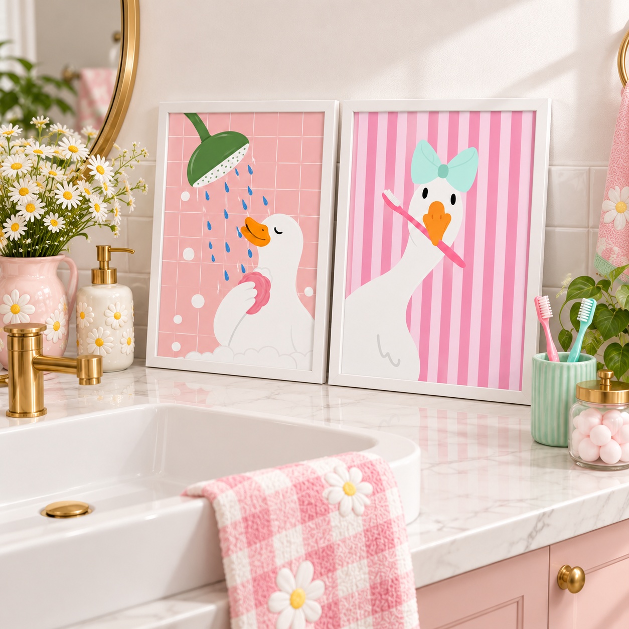 Kit 2 Quadros Decorativos Para Banheiro Pato Rosa