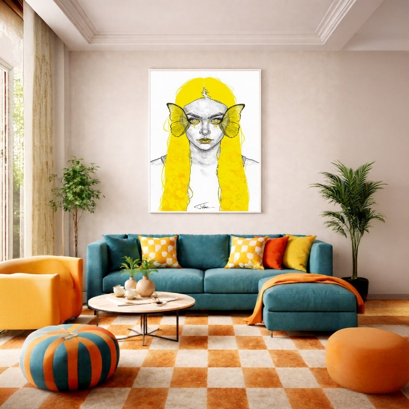 Quadro Canvas Amarelo Ilustração Mulher Borboleta