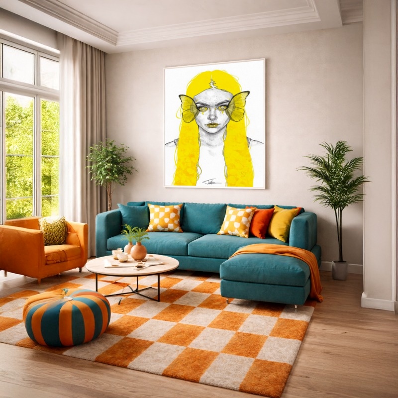 Quadro Canvas Amarelo Ilustração Mulher Borboleta