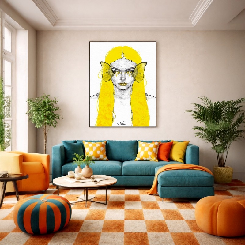 Quadro Canvas Amarelo Ilustração Mulher Borboleta