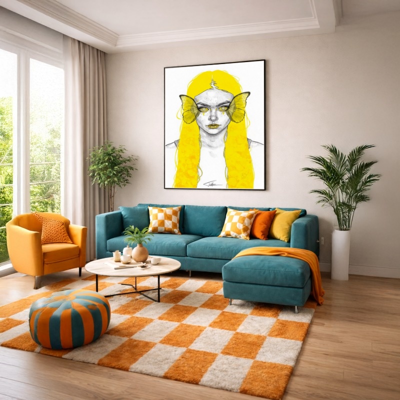 Quadro Canvas Amarelo Ilustração Mulher Borboleta