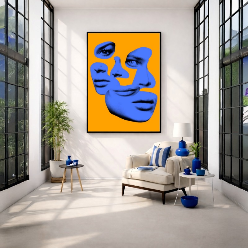 Quadro Canvas Azul Amarelo Rosto