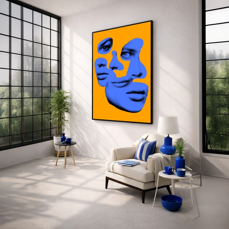 Quadro Canvas Azul Amarelo Rosto