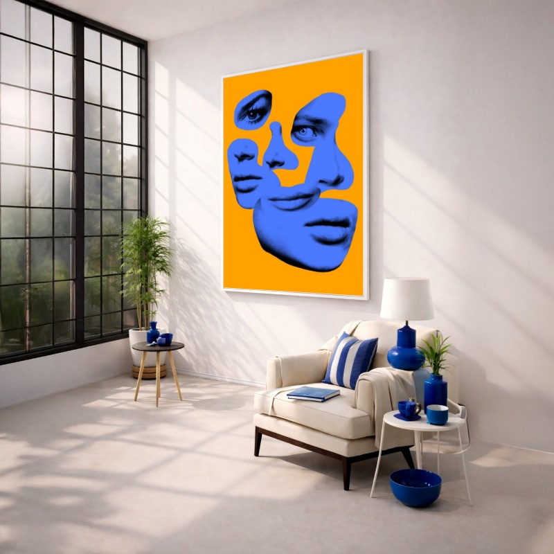 Quadro Canvas Azul Amarelo Rosto