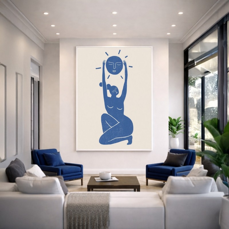 Quadro Canvas Azul Mulher Sol Ilustração