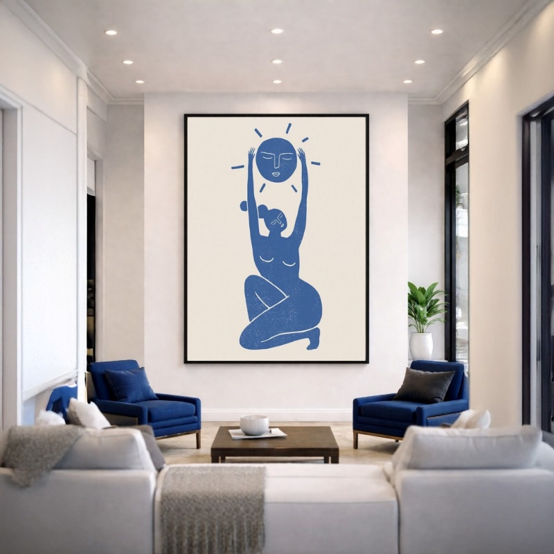 Quadro Canvas Azul Mulher Sol Ilustração