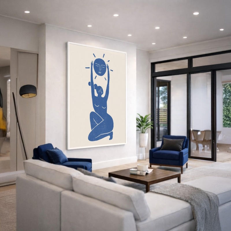 Quadro Canvas Azul Mulher Sol Ilustração